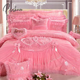 Korean Style Princess Wedding Bedding Set Luxury Pink Heart Lace Jacquard Satin Duvet Cover