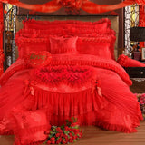 Korean Style Princess Wedding Bedding Set Luxury Pink Heart Lace Jacquard Satin Duvet Cover