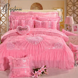 Korean Style Princess Wedding Bedding Set Luxury Pink Heart Lace Jacquard Satin Duvet Cover