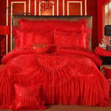 Korean Style Princess Wedding Bedding Set Luxury Pink Heart Lace Jacquard Satin Duvet Cover