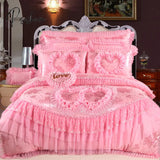 Korean Style Princess Wedding Bedding Set Luxury Pink Heart Lace Jacquard Satin Duvet Cover