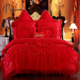 Korean Style Princess Wedding Bedding Set Luxury Pink Heart Lace Jacquard Satin Duvet Cover