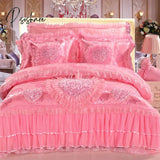 Korean Style Princess Wedding Bedding Set Luxury Pink Heart Lace Jacquard Satin Duvet Cover