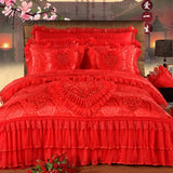 Korean Style Princess Wedding Bedding Set Luxury Pink Heart Lace Jacquard Satin Duvet Cover