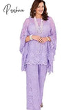 Lace Mother Of The Bride Pant Suits Long Sleeves Three Pieces Silver Gray Wedding Guest Dresses