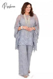 Lace Mother Of The Bride Pant Suits Long Sleeves Three Pieces Silver Gray Wedding Guest Dresses