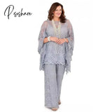 Lace Mother Of The Bride Pant Suits Long Sleeves Three Pieces Silver Gray Wedding Guest Dresses
