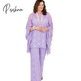 Lace Mother Of The Bride Pant Suits Long Sleeves Three Pieces Silver Gray Wedding Guest Dresses