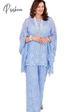 Lace Mother Of The Bride Pant Suits Long Sleeves Three Pieces Silver Gray Wedding Guest Dresses