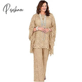 Lace Mother Of The Bride Pant Suits Long Sleeves Three Pieces Silver Gray Wedding Guest Dresses