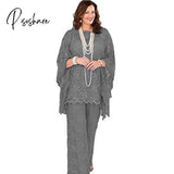 Lace Mother Of The Bride Pant Suits Long Sleeves Three Pieces Silver Gray Wedding Guest Dresses