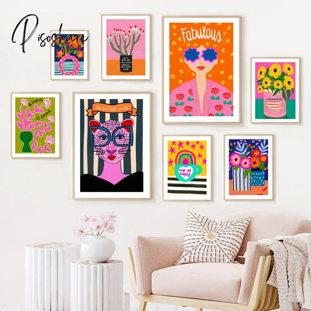 Leopard Lady Colorful Flower Rainbow Cup Wall Art Canvas Painting Nordic Posters And Prints