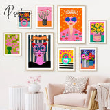 Leopard Lady Colorful Flower Rainbow Cup Wall Art Canvas Painting Nordic Posters And Prints
