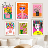 Leopard Lady Colorful Flower Rainbow Cup Wall Art Canvas Painting Nordic Posters And Prints