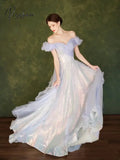 Light Purple Evening Dress Colorful Shiny Sequin Off The Shoulder Tulle Fairy Pleat A-Line Floor