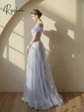 Light Purple Evening Dress Colorful Shiny Sequin Off The Shoulder Tulle Fairy Pleat A-Line Floor