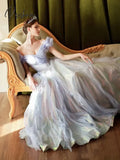 Light Purple Evening Dress Colorful Shiny Sequin Off The Shoulder Tulle Fairy Pleat A-Line Floor