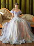 Light Purple Evening Dress Colorful Shiny Sequin Off The Shoulder Tulle Fairy Pleat A-Line Floor