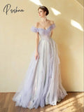 Light Purple Evening Dress Colorful Shiny Sequin Off The Shoulder Tulle Fairy Pleat A-Line Floor