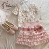 Lolita Cake Mini Skirts Women Japanese A-Line High Waist Black Pleated Skirt Girly Kawaii Love Y2K