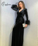 Long Black Muslim Evening Dresses With Sleeve Mermaid V-Neck Velvet Zipper Back Floo Length Robe De