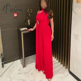 Long Red Pleated Jumpsuit Evening Dresses A-Line High Neck Floor Length Prom For Women