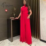 Long Red Pleated Jumpsuit Evening Dresses A-Line High Neck Floor Length Prom For Women