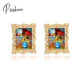 Lost Lady Vintage Mona Lisa Girl Stud Earrings Sunflower Painting For Women Geometric Jewelry