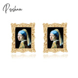 Lost Lady Vintage Mona Lisa Girl Stud Earrings Sunflower Painting For Women Geometric Jewelry