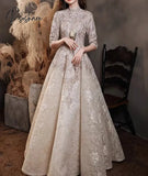 Luxury Champagne Lace Long Evening Dresses Half Sleeves Beaded Elegant Formal High Neck A-Line