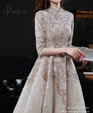 Luxury Champagne Lace Long Evening Dresses Half Sleeves Beaded Elegant Formal High Neck A-Line