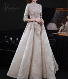 Luxury Champagne Lace Long Evening Dresses Half Sleeves Beaded Elegant Formal High Neck A-Line