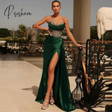 Luxury Crystal Beadings Satin Mermaid Prom Dresses V-Neck High Side Split Pleat Ruched Long Evening Dress Party Gown