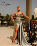 Luxury Crystal Beadings Satin Mermaid Prom Dresses V-Neck High Side Split Pleat Ruched Long