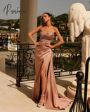 Luxury Crystal Beadings Satin Mermaid Prom Dresses V-Neck High Side Split Pleat Ruched Long