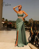 Luxury Crystal Beadings Satin Mermaid Prom Dresses V-Neck High Side Split Pleat Ruched Long