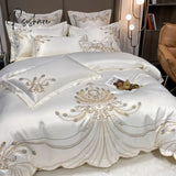 Luxury Gold Feather Embroidery Egyptian Cotton Champagne/Light Yellow Patchwork Duvet Cover Bed