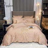 Luxury Gold Feather Embroidery Egyptian Cotton Champagne/Light Yellow Patchwork Duvet Cover Bed