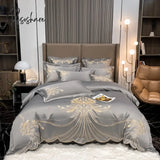 Luxury Gold Feather Embroidery Egyptian Cotton Champagne/Light Yellow Patchwork Duvet Cover Bed