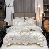 Luxury Gold Feather Embroidery Egyptian Cotton Champagne/Light Yellow Patchwork Duvet Cover Bed