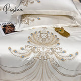 Luxury Gold Feather Embroidery Egyptian Cotton Champagne/Light Yellow Patchwork Duvet Cover Bed