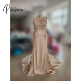 Luxury Gold Mermaid Evening Dresses Sleeveless V Neck Lace Appliques Sequins Floor Length Satin
