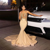 luxury Gold Mermaid Evening Dresses Sleeveless V Neck  Lace Appliques Sequins Floor Length Satin Zipper Prom Dress