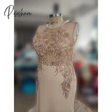 Luxury Gold Mermaid Evening Dresses Sleeveless V Neck Lace Appliques Sequins Floor Length Satin