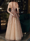 Luxury Gold Prom Dresses Off The Shoulder Gradient Sequins Tulle A-Line Elegant Banquet Formal