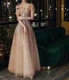 Luxury Gold Prom Dresses Off The Shoulder Gradient Sequins Tulle A-Line Elegant Banquet Formal