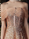 Luxury Gold Prom Dresses Off The Shoulder Gradient Sequins Tulle A-Line Elegant Banquet Formal