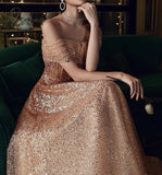 Luxury Gold Prom Dresses Off The Shoulder Gradient Sequins Tulle A-Line Elegant Banquet Formal