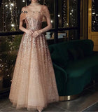 Luxury Gold Prom Dresses Off The Shoulder Gradient Sequins Tulle A-Line Elegant Banquet Formal