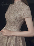 Luxury Lace Long Evening Dresses With Short Sleeves Beaded Elegant Formal High Neck A-Line Wedding